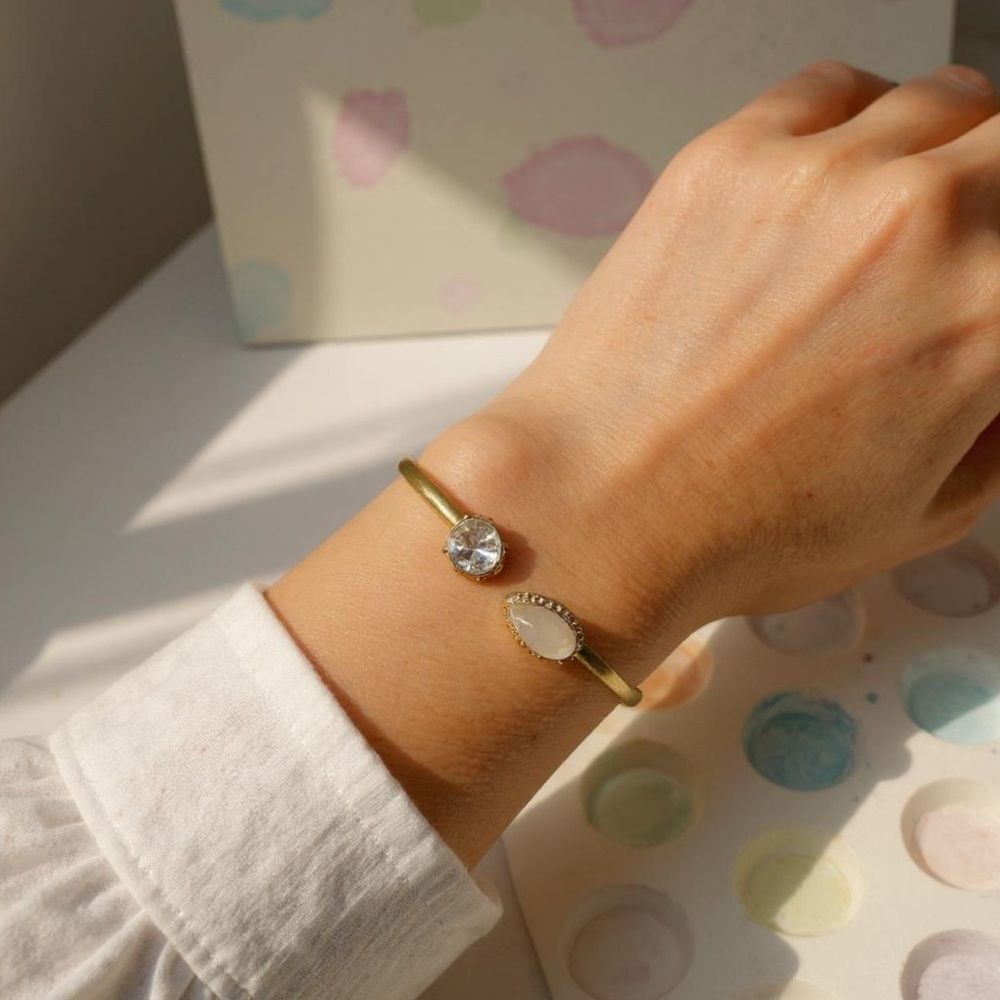 Gold-Plated Open Cuff Bracelet | Crystal + Teardrop Stone Ends